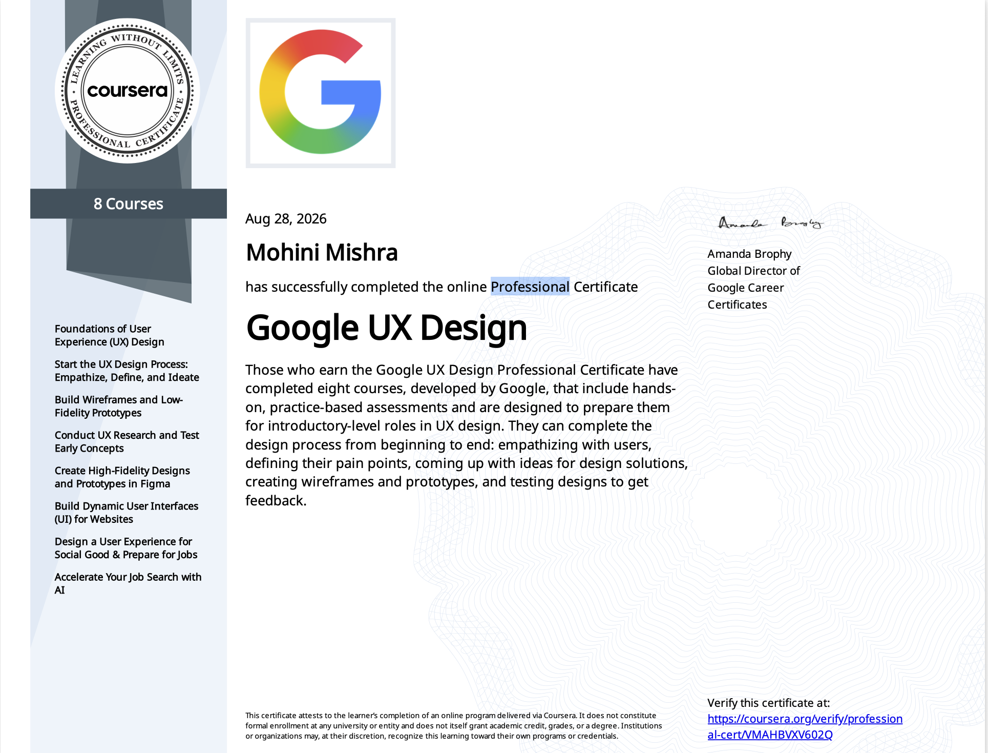 Google UX Design Professional Certificate certificate issued by Google · Coursera