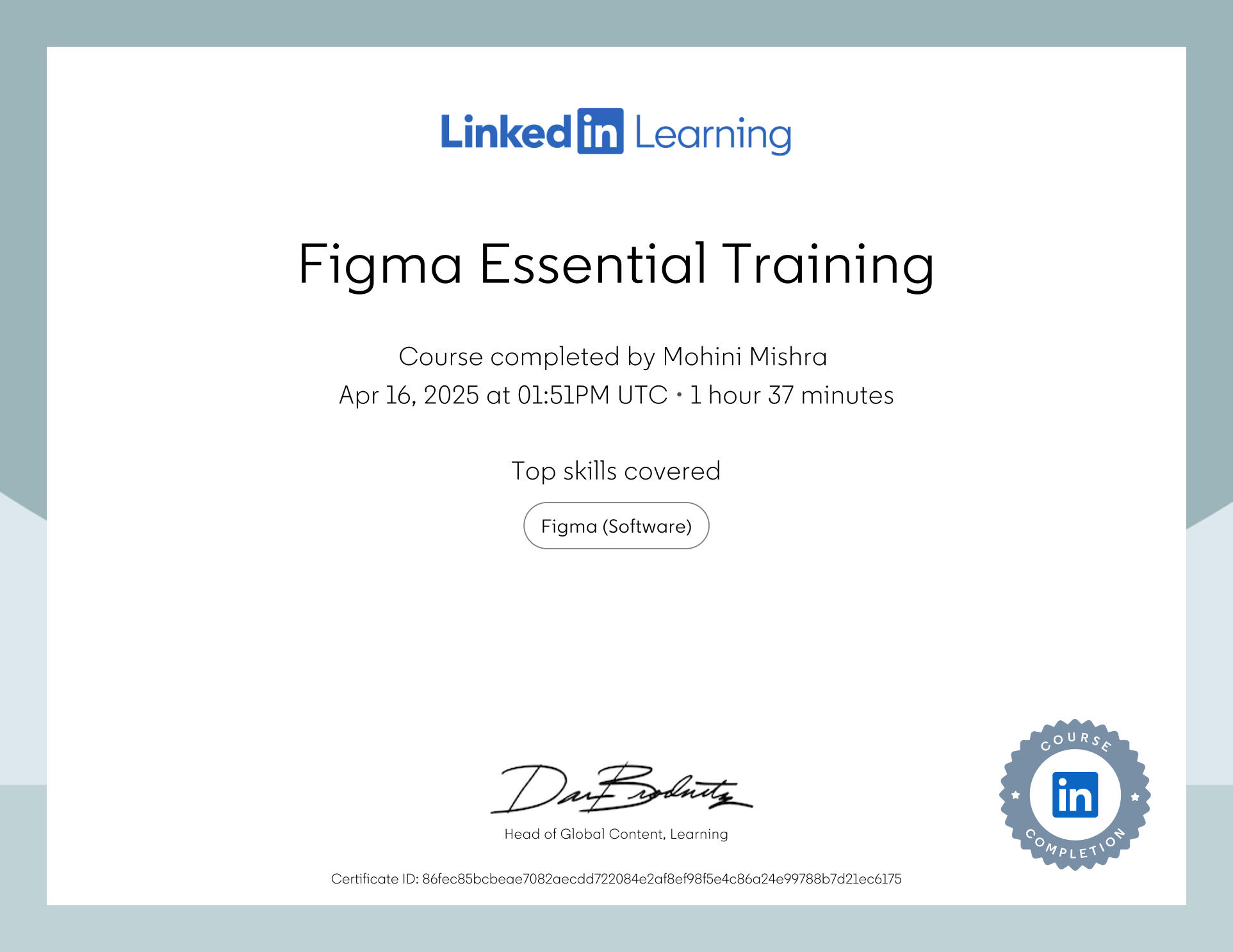Figma Essential Training certificate issued by LinkedIn Learning