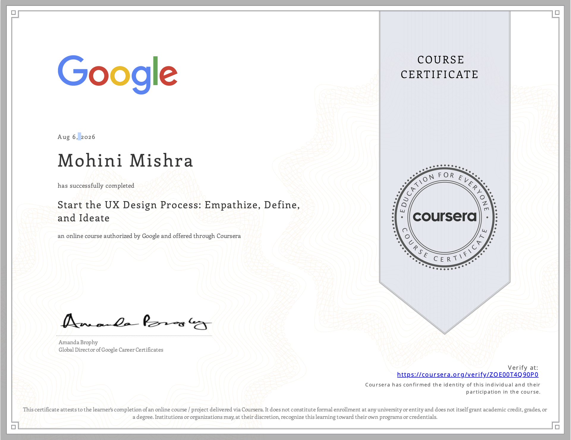 Start the UX Design Process: Empathize, Define, and Ideate certificate issued by Google · Coursera