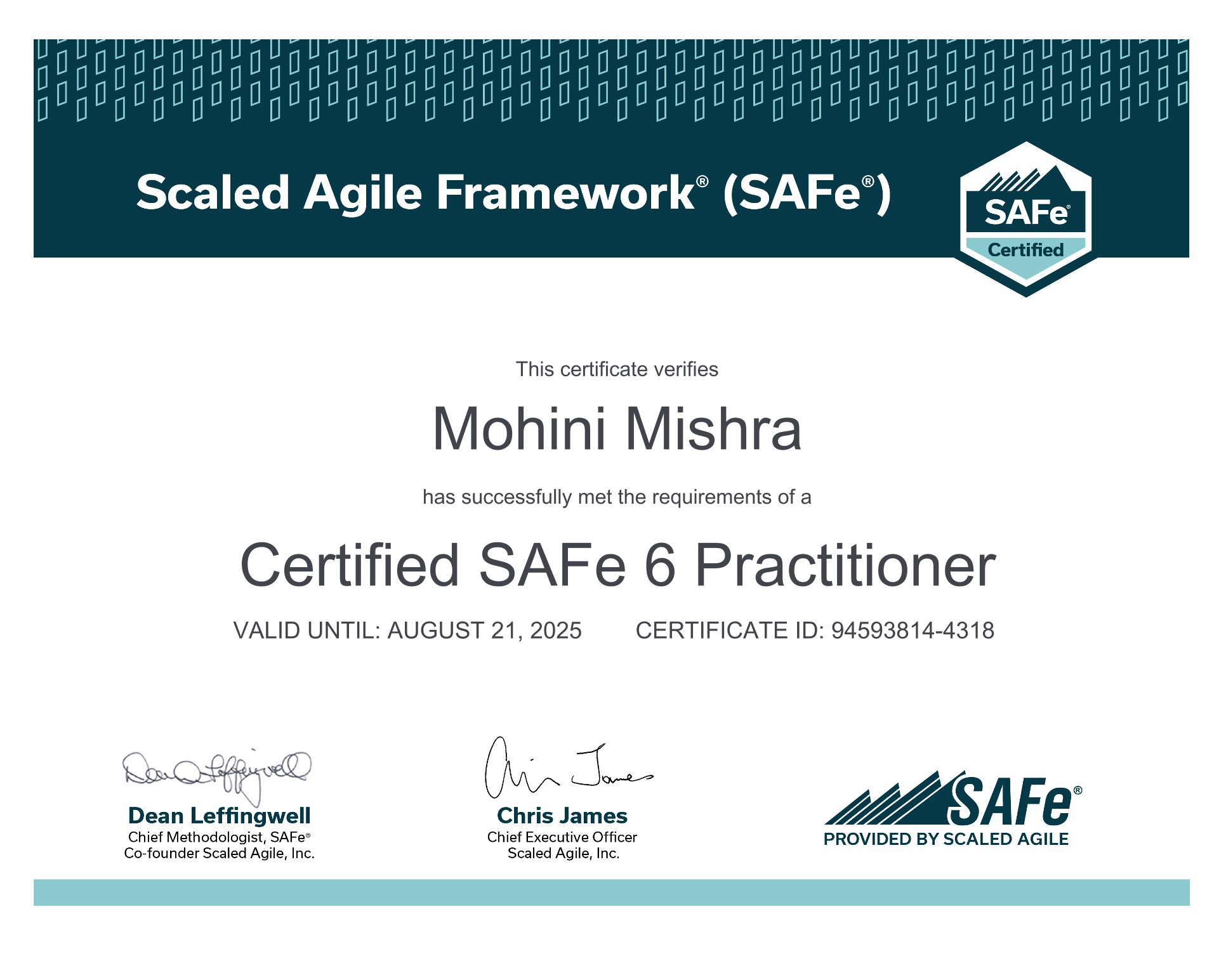 Certified SAFe 6 Practitioner certificate issued by Scaled Agile, Inc.