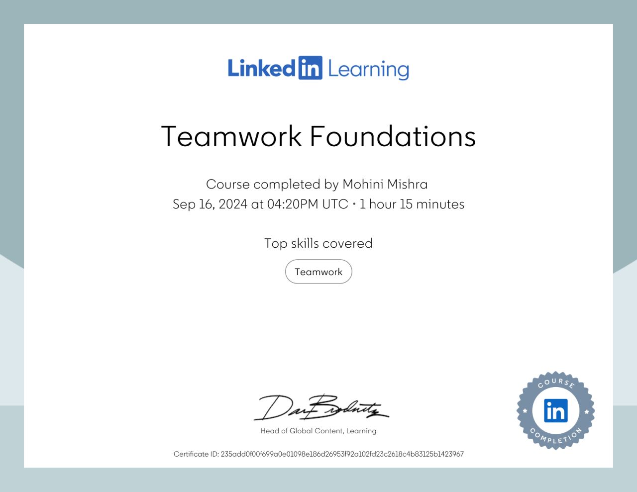 Teamwork Foundations certificate issued by LinkedIn Learning