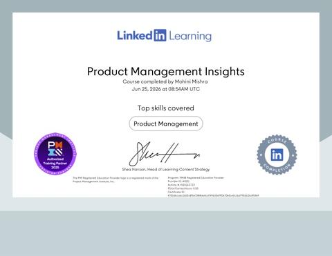 Product Management Insights certificate issued by LinkedIn Learning · PMI
