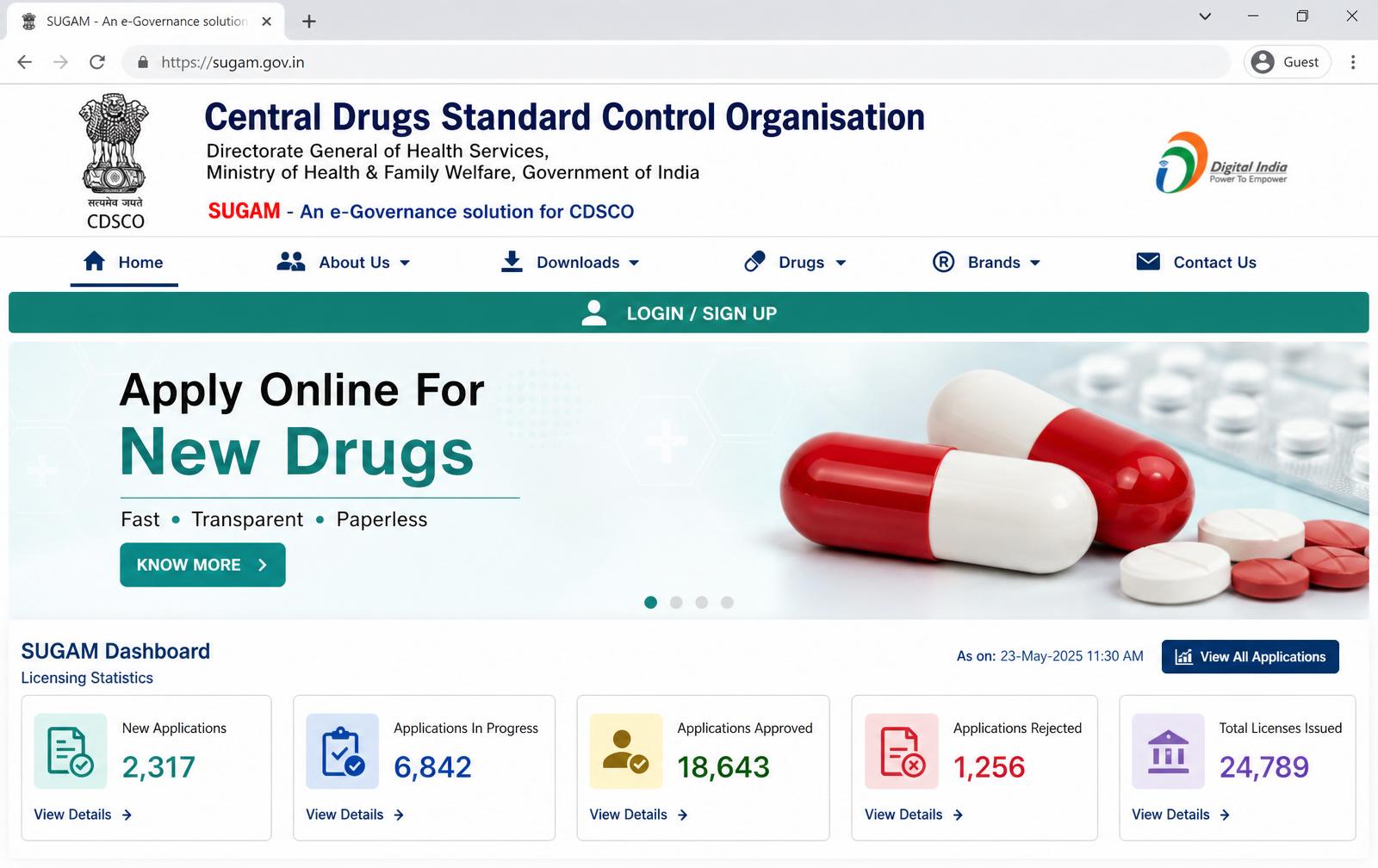 CDSCO SUGAM e-Governance solution homepage showing the Central Drugs Standard Control Organisation header, Apply Online For New Drugs hero banner, and a SUGAM licensing-statistics dashboard in a desktop browser