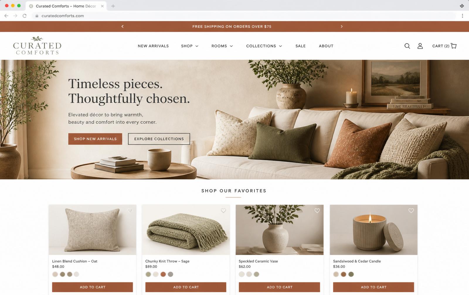 Curated Comforts e-commerce storefront showing a lifestyle hero and a product grid of cushions, throws, vases, and candles
