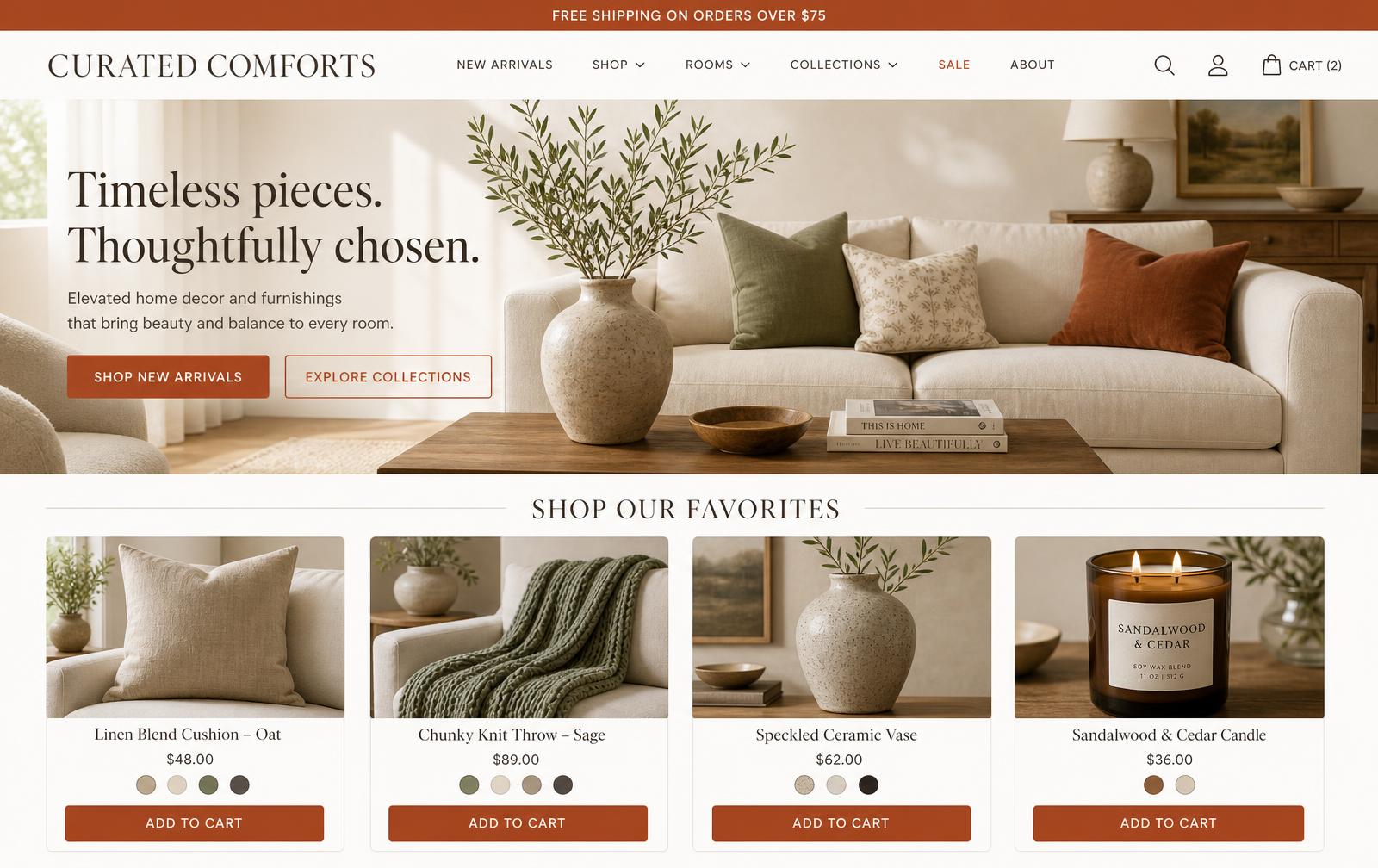 Curated Comforts e-commerce storefront showing a lifestyle hero and a product grid of cushions, throws, vases, and candles