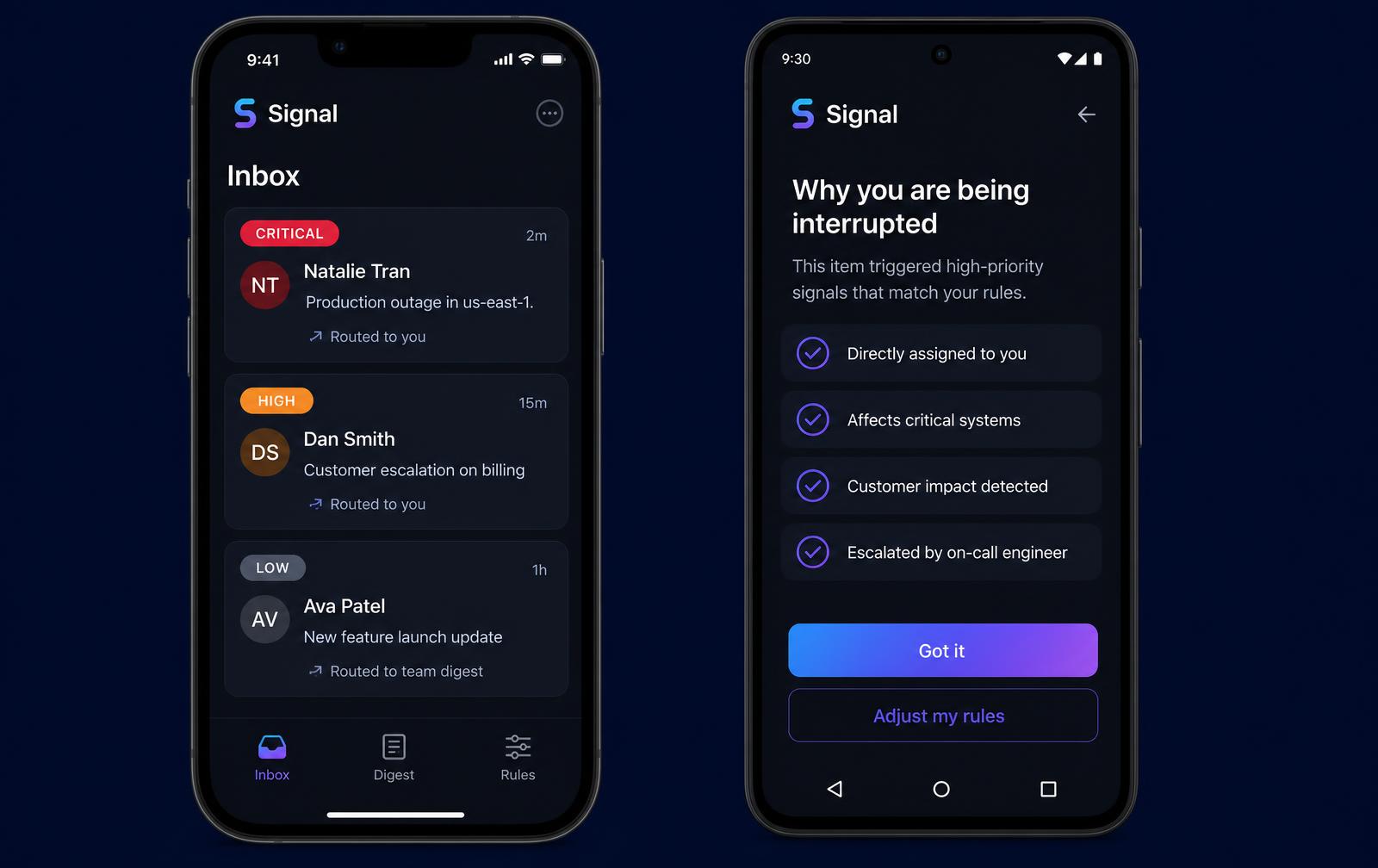 Signal notification app on iOS and Android in dark mode: a priority inbox with Critical, High and Low cards next to a screen explaining why the user is being interrupted